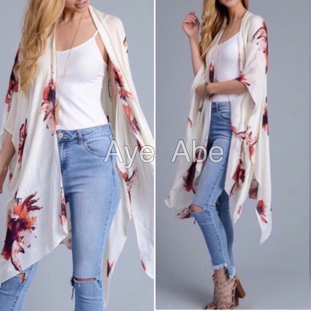 Floral print wrap kimono coverup beach cream - Picture 1 of 5